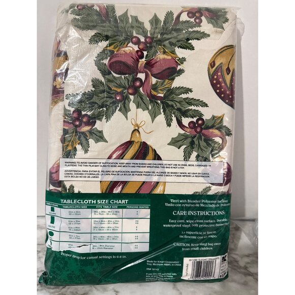 Vintage NEW Trim A Home Xmas Oblong Vinyl Tablecloth 52" X 90" Flannel-Backed - Picture 2 of 6